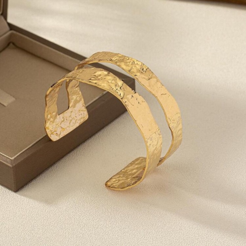 Gold Textured Double Band Cuff Bracelet 24k Gold Plated new